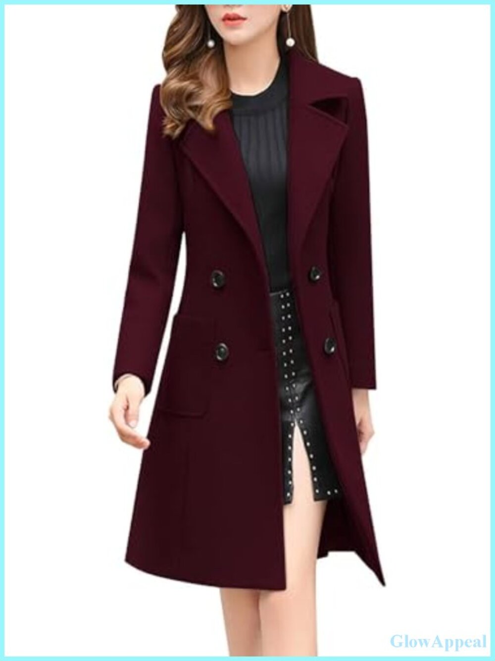 Women's Wool Blend Pea Coat Double Breasted Notched Lapel Winter Overcoat